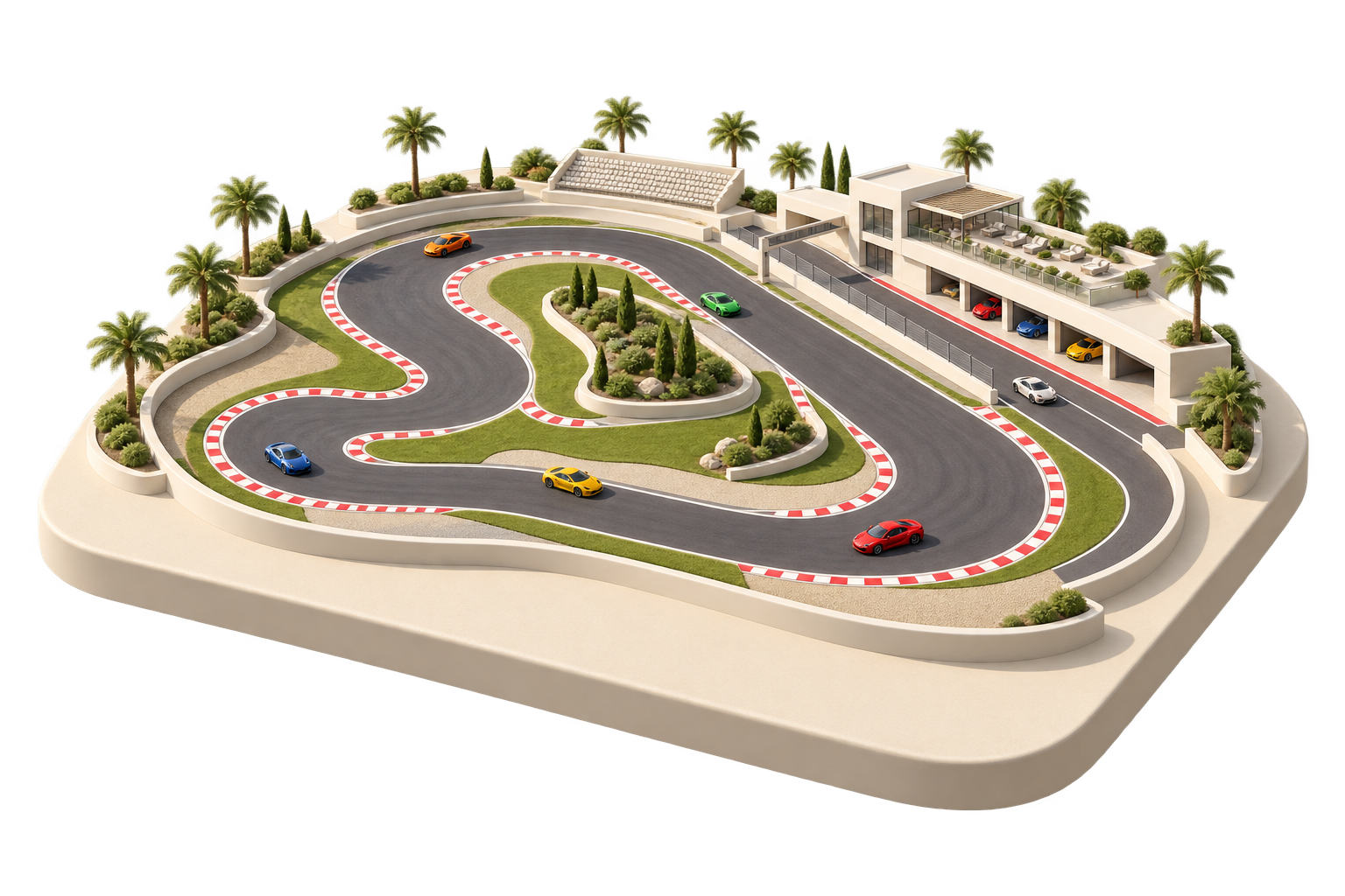 A sculptural supercar racing venue with a winding circuit, sports cars, pit garages and a modern clubhouse